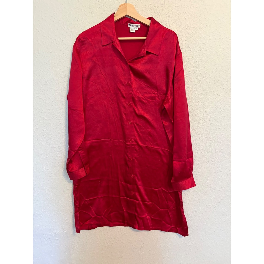 WinterSilks Womens Pure Silk Jacquard Leaf Button Down Shirt Red XL Vintage